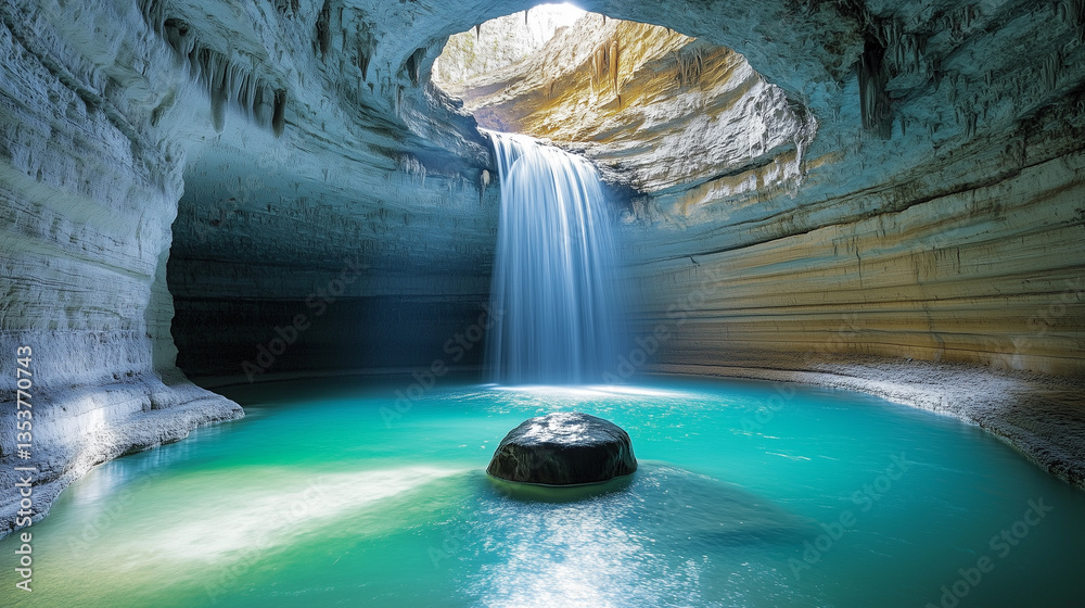 Naklejka premium A breathtaking cavern filled with an iridescent turquoise pool, fed by a mesmerizing waterfall.