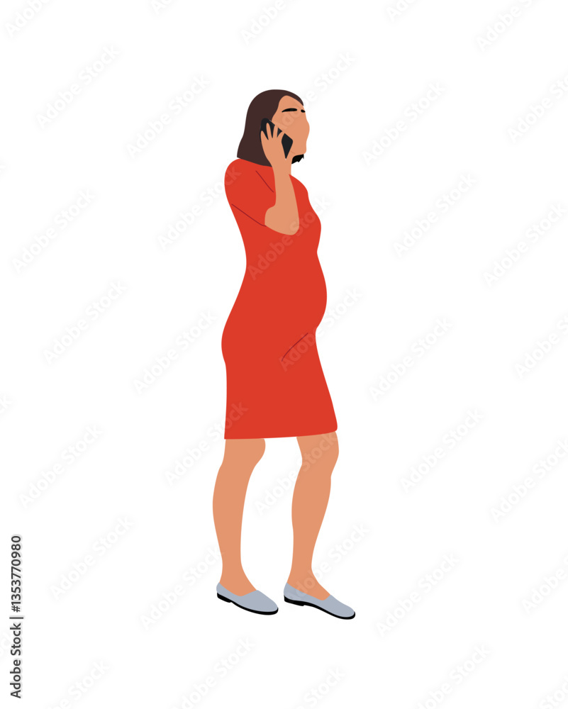 Pregnant woman talking by mobile phone. Pretty woman in red dress standing, using gadget. Female cartoon character Vector realistic illustration isolated on white background. Pregnant woman talking by mobile phone. Pretty woman in red dress standing, using gadget. Female cartoon character Vector realistic illustration isolated on white background.