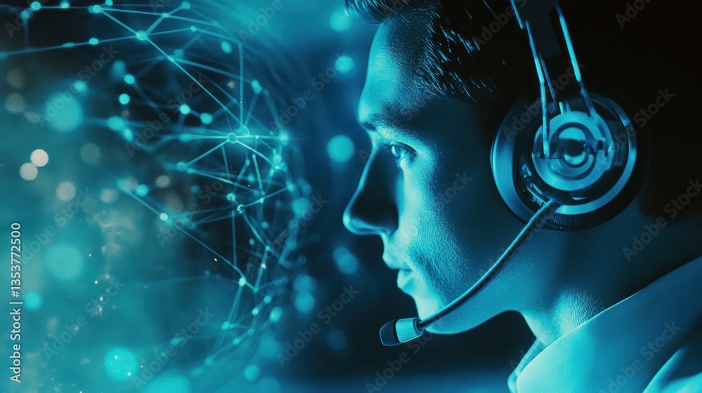 Cybersecurity analyst focused on data network visualization with headset on
