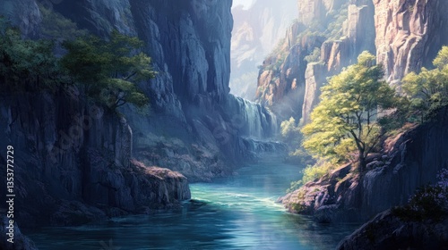 Serene canyon landscape with a flowing river and lush vegetation at daytime