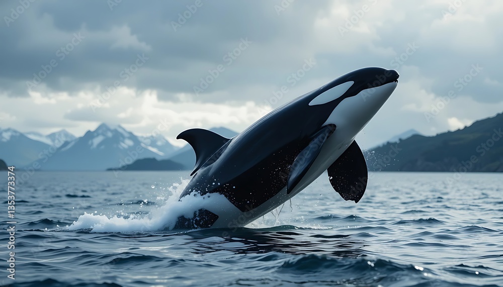 Fototapeta premium Killer Whale Jumping Out of Water in Scenic Mountain Landscape