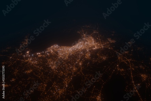 Fototapeta Naklejka Na Ścianę i Meble -  Aerial view on Thessaloniki (Greece) from east. Top view on modern city at night from satellite