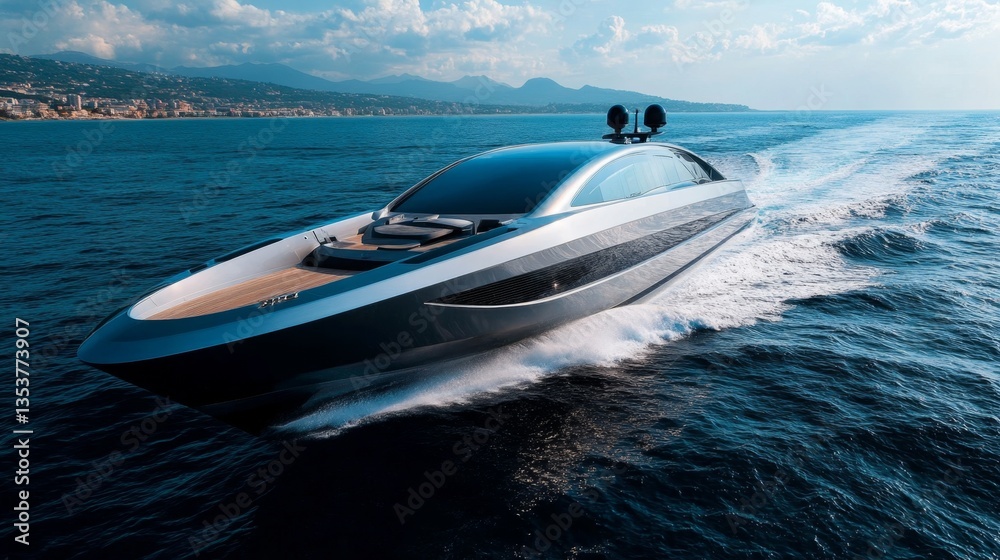 Fototapeta premium Sleek Modern Yacht Cruising Through Serene Ocean Waves at Sunset