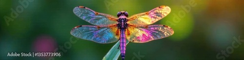 Beautiful dragonfly with iridescent wings, nature, flower