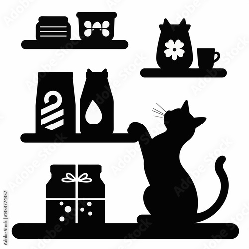 Black silhouette of a cat exploring eco-friendly pet shelf, playful charm