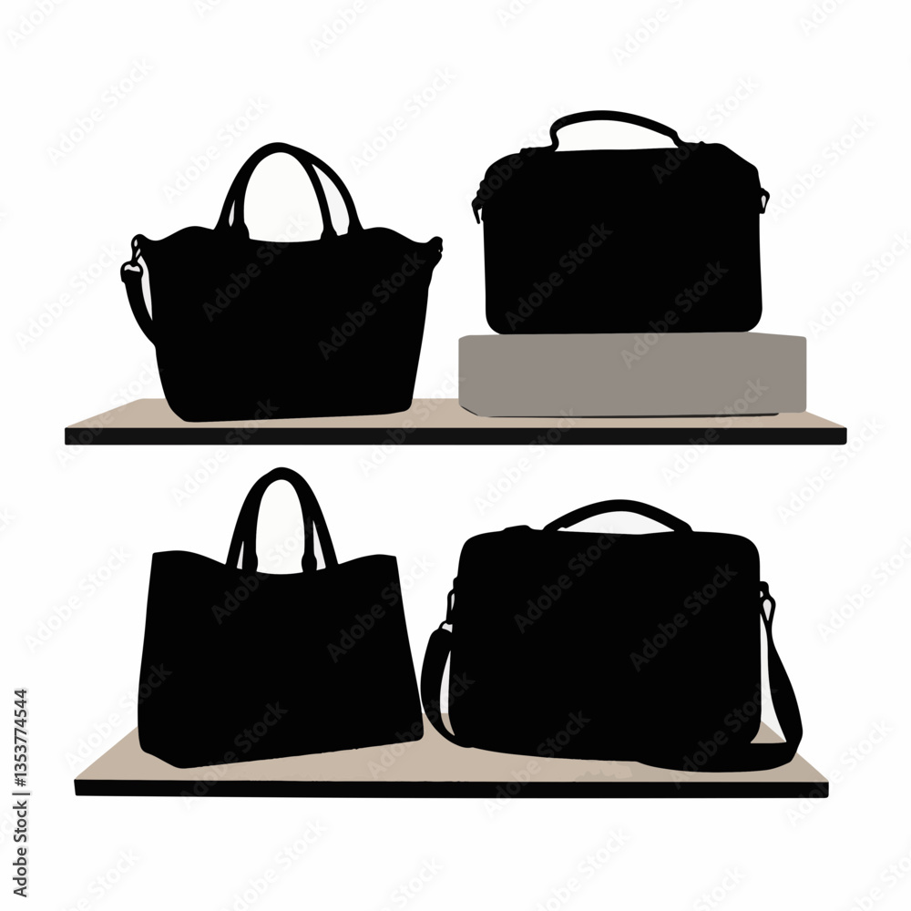 Silhouette of leather bags displayed on wooden shelf, stylish elegance Silhouette of leather bags displayed on wooden shelf, stylish elegance