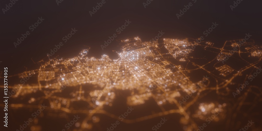 Naklejka premium Street lights map of Doha (Qatar) with tilt-shift effect, view from west. Imitation of macro shot with blurred background. 3d render, selective focus