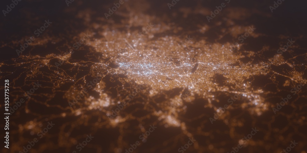 Obraz premium Street lights map of Belo Horizonte (Brazil) with tilt-shift effect, view from east. Imitation of macro shot with blurred background. 3d render, selective focus