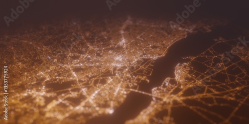 Street lights map of Wilmington (Delaware, USA) with tilt-shift effect, view from south. Imitation of macro shot with blurred background. 3d render, selective focus