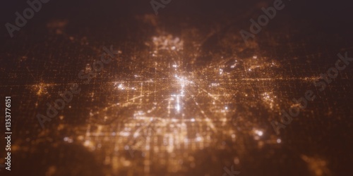Street lights map of Indianapolis (Indiana, USA) with tilt-shift effect, view from north. Imitation of macro shot with blurred background. 3d render, selective focus