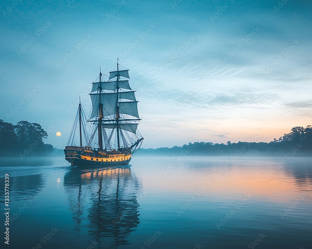 Fototapeta premium Sailing Ship at Dawn for Misty River.