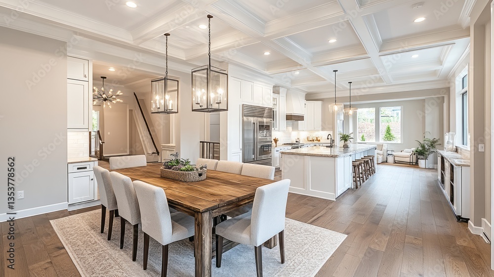 Open concept kitchen and dining area with modern lighting Open concept kitchen and dining area with modern lighting