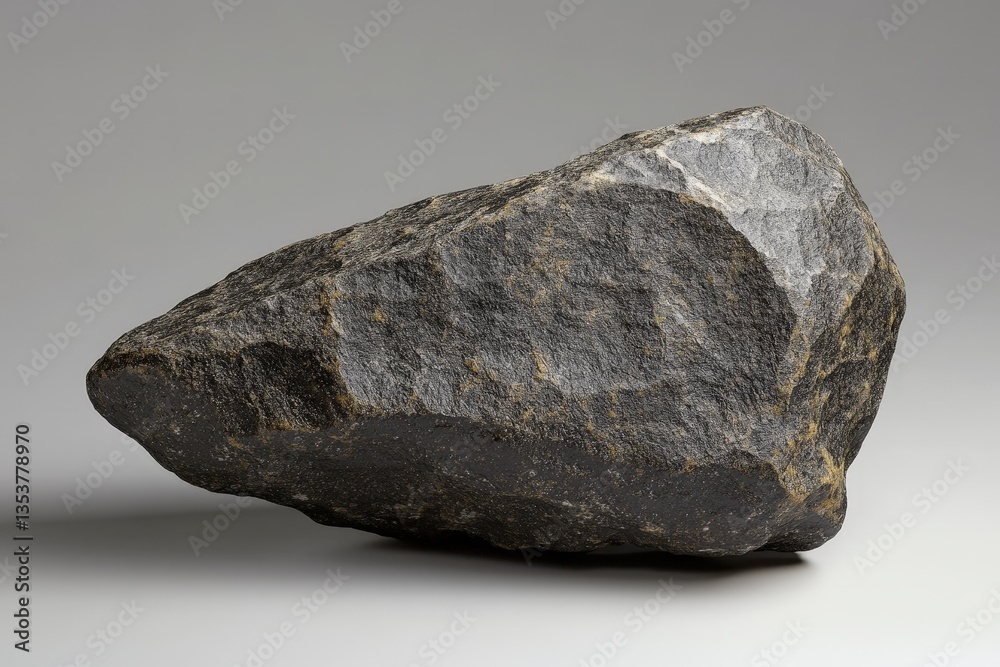 A large black rock sits on a smooth grey surface A large black rock sits on a smooth grey surface