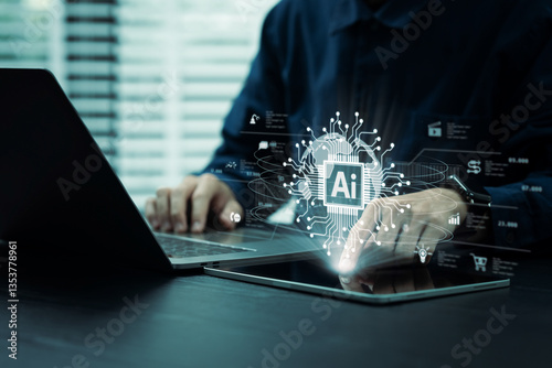 Humans are using laptops and computers to interact with AI, helping them create, code, train AI, or analyze big data with fast, cutting-edge technology.