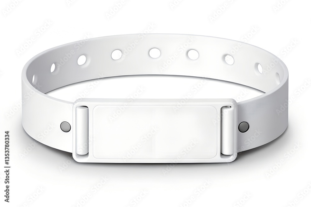 Minimalist mockup of a blank white hospital wristband with snap closure, isolated on a clean white background. Ideal for medical ID, baby bracelet design, and healthcare branding projects.