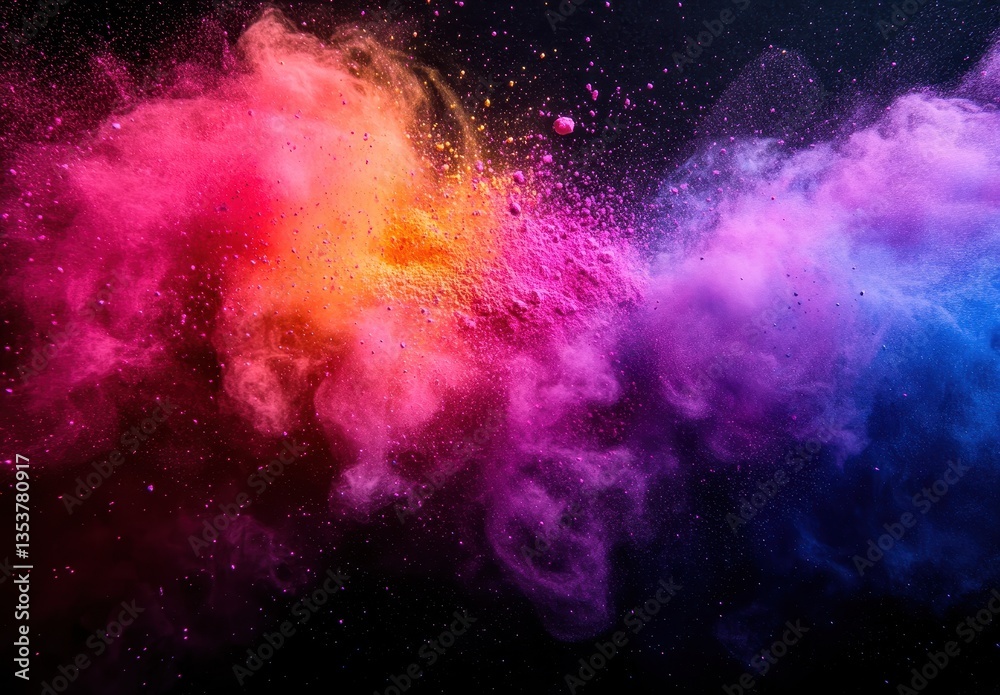 Obraz premium Vibrant Color Explosion of Pink, Purple, Orange, and Blue Powder Smoke on Black Background Creating Dramatic Visual Effects for Art and Design Projects