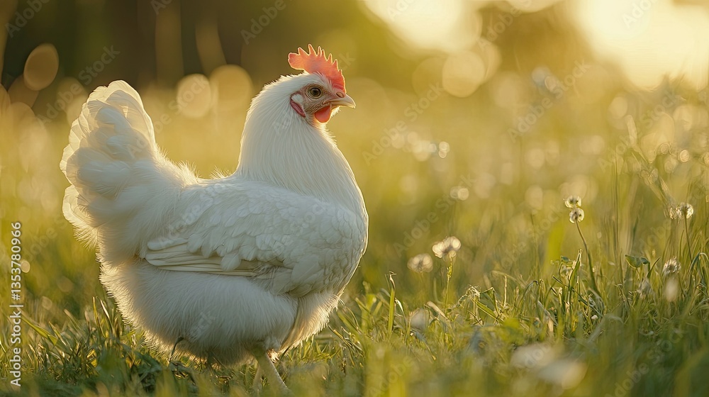Fototapeta premium A close-up shot of a white Silkie chicken standing in the grass, warm flare light creating a cozy farm atmosphere.