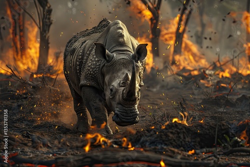 High Detail Visual of Javan Rhino Navigating a FireScarred Terrain