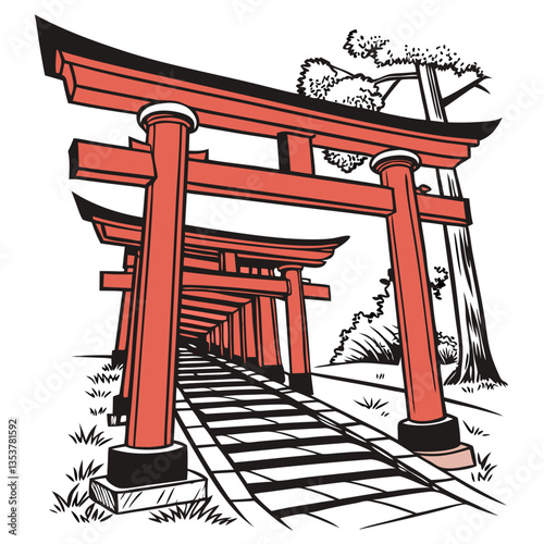Enchanting Vector Illustration of Fushimi Inari Torii Gates in Kyoto, Japan. Perfect for: New Year (Japan), Shinto Festivals, Japanese Cultural Events