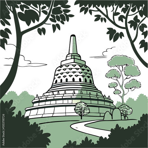 Elegant Vector Illustration of Borobudur Temple in Indonesia, Ancient Buddhist Landmark. Perfect for: Vesak (Buddhist Festival), Indonesian Cultural Tourism