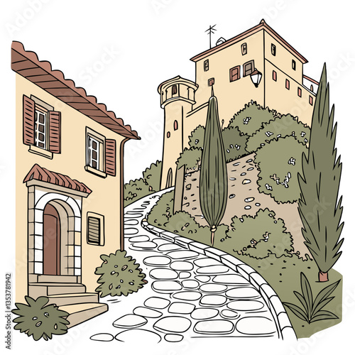Picturesque Vector Illustration of Eze, France, with Its Ancient Castle and Cobbled Streets. Perfect for: French Riviera Tourism, Summer Getaways, Cultural Travel