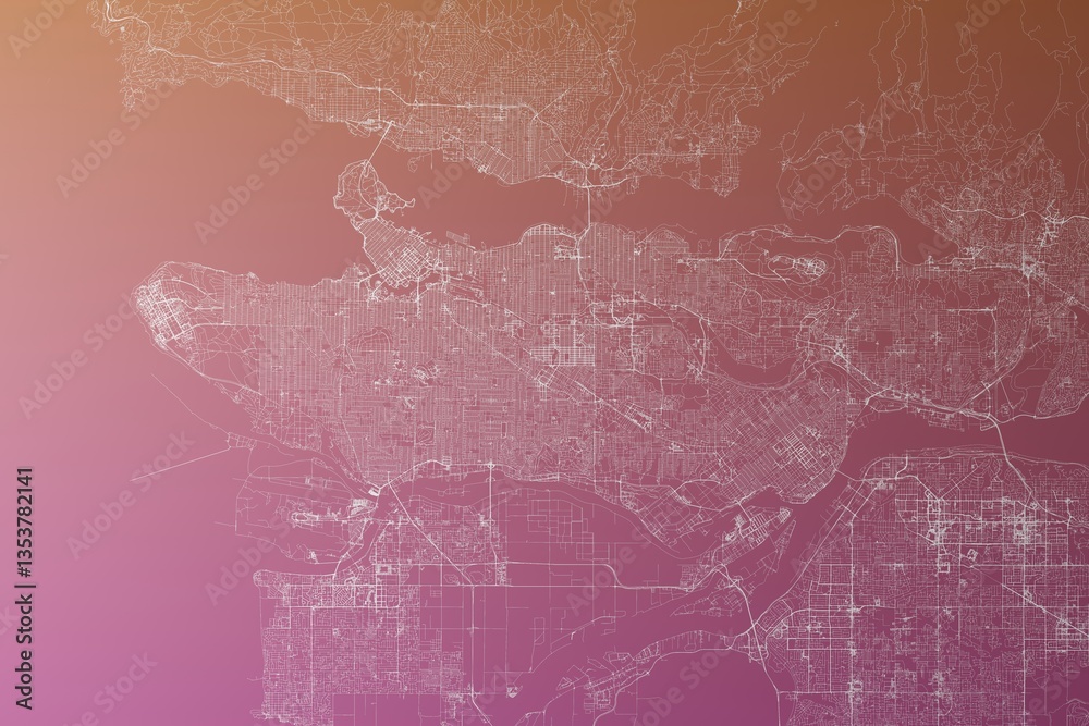 Map of the streets of Vancouver (Canada) made with white lines on pinkish red gradient background. Top view. 3d render, illustration