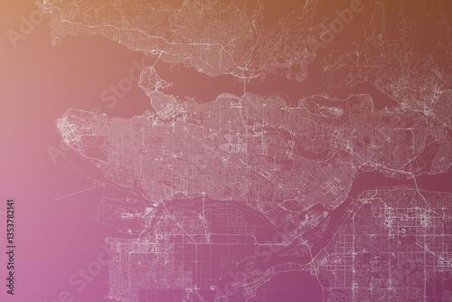 Obraz na płótnie Map of the streets of Vancouver (Canada) made with white lines on pinkish red gradient background. Top view. 3d render, illustration w salonie