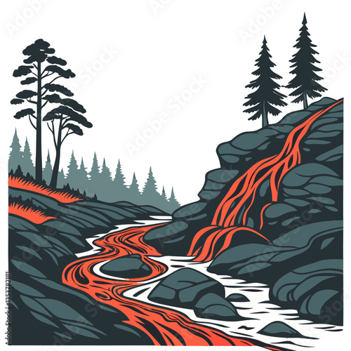 Dynamic Vector Illustration of Hawaii Volcanoes National Park with Molten Lava Flow. Perfect for: Earth Day, Geology Conferences, Adventure Travel