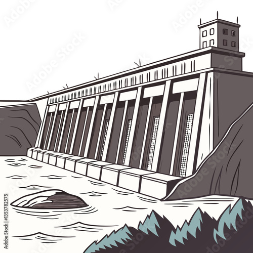Detailed Vector Illustration of the Aswan High Dam, Egypt’s Engineering Marvel. Perfect for: Egyptian Tourism, Engineering Conferences, Middle Eastern Travel