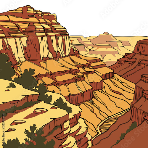 Stunning Vector Illustration of the Grand Canyon, USA, with Layers of Golden Rock. Perfect for: National Park Week (USA), Adventure Travel, Geological Conferences