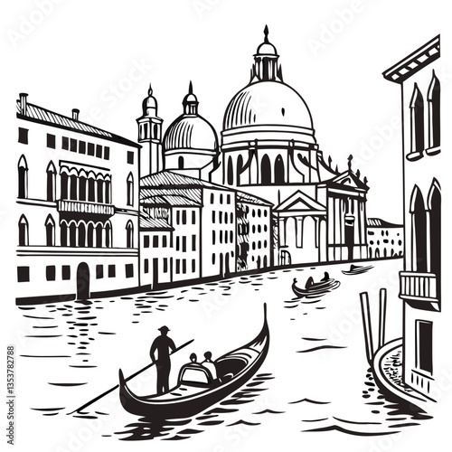 Romantic Vector Illustration of the Grand Canal in Venice, Italy, with Gondolas. Perfect for: Venice Carnival, Italian Tourism, Romantic Getaways