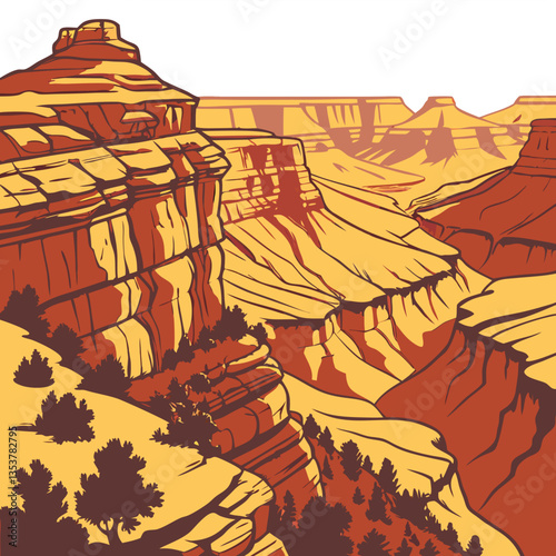Stunning Vector Illustration of the Grand Canyon, USA, with Layers of Golden Rock. Perfect for: National Park Week (USA), Adventure Travel, Geological Conferences