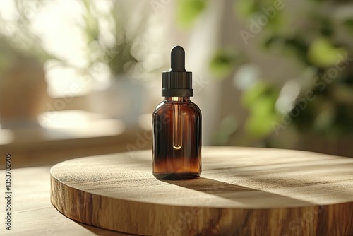 Dark Amber Glass Bottle on Wooden Natural Spa Design Organic Oil Cosmetics Mockup Face and Body