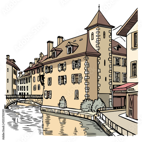Vector Illustration of Annecy, France. Romantic travel, European tourism, scenic photography, French culture content, luxury travel.