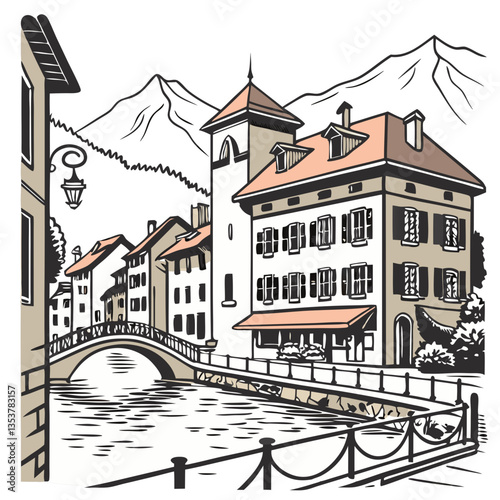 Vector Illustration of Annecy, France. Romantic travel, European tourism, scenic photography, French culture content, luxury travel.