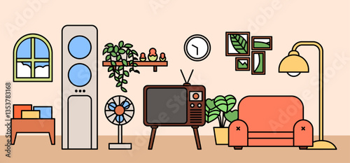 플랫 벡터 거실 인테리어 - 소파, TV, 선풍기, 창문, 식물 및 램프