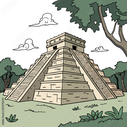 Vector Illustration of Chichen Itza, Mexico. Archaeological studies, history education, Mexican tourism, world heritage promotions.