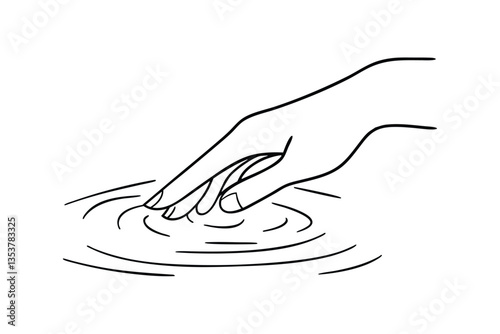 Hand touches water, creating concentric ripples, calm surface