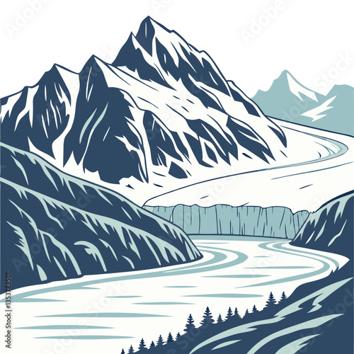 Vector Illustration of Glacier Bay National Park, Alaska. Environmental campaigns, nature tourism, adventure travel
