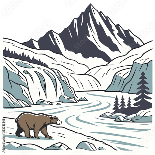 Vector Illustration of Glacier Bay National Park, Alaska. Environmental campaigns, nature tourism, adventure travel photo