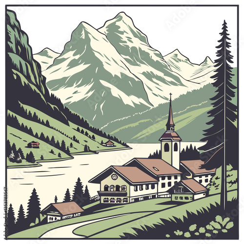 Vector Illustration of Grindelwald, Switzerland. Travel blogs, mountain tourism, scenic posters, nature appreciation