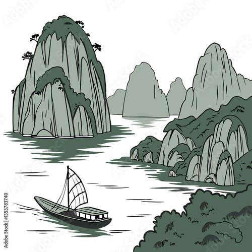 Ha Long Bay Vietnam Vector Illustration with Limestone Karsts. Tourism marketing, natural wonders, travel agency ads