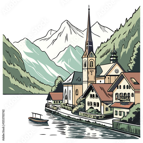 Hallstatt Austria Vector Illustration with Lakes and Mountains. Travel magazines, European tourism, romantic getaways