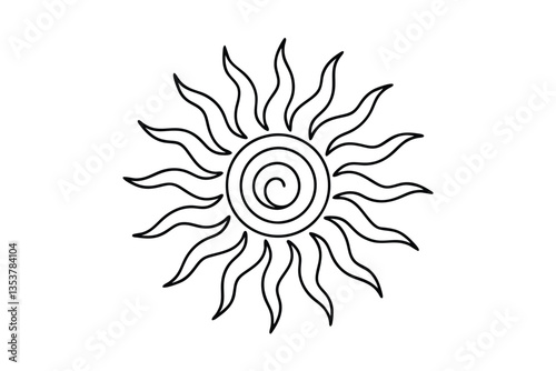 Stylized Sun Design Simple Line Art, Solar Symbol, Spiral Center