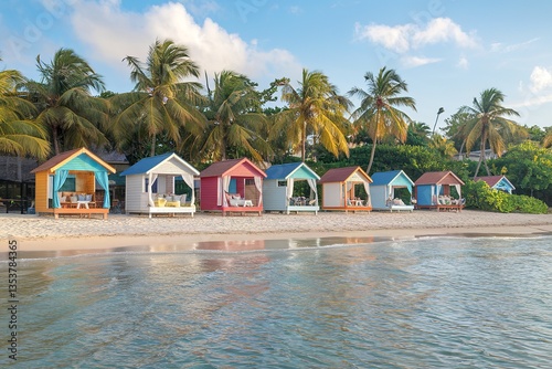 A high-quality photo of colorful cabanas on a tropical beach