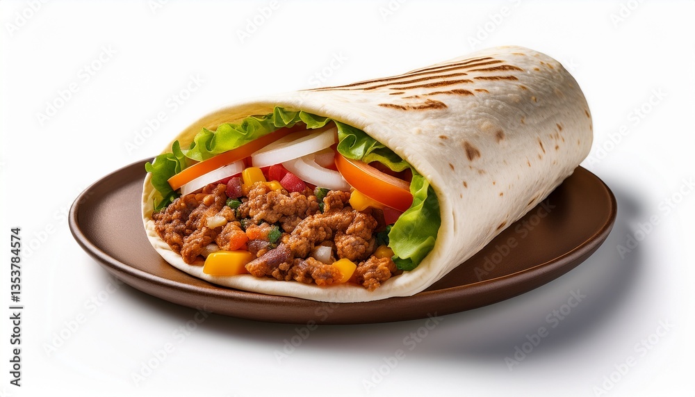 a delicious burrito filled with minced meat and vegetables fast food white background isolated generative ai a delicious burrito filled with minced meat and vegetables fast food white background isolated generative ai