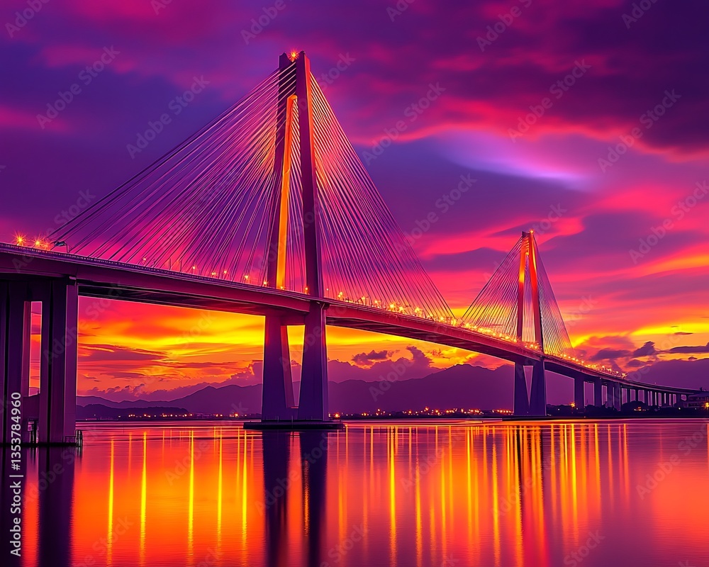 Obraz premium A large illuminated cablestayed bridge spanning over calm reflective water