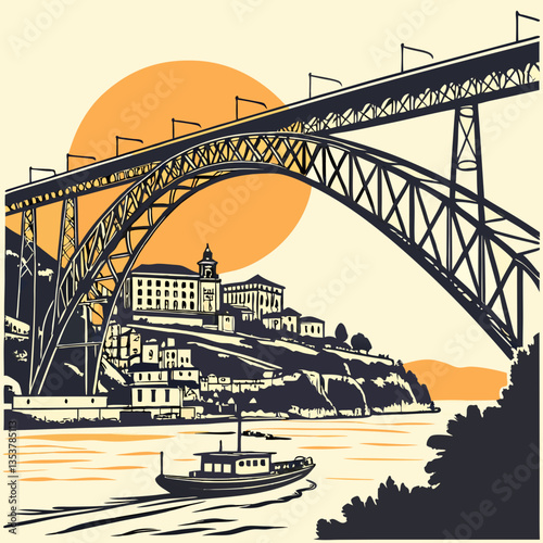 Porto Portugal Vector Illustration with Ancient Bridges and Sunset. Travel blogs, Portugal tourism promotions, romantic postcards