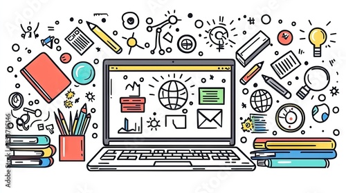 Laptop with study supplies and global ideas, promoting learning and collaboration