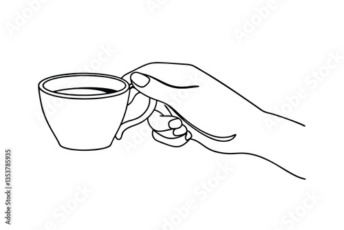 Hand holding small cup of coffee, simple line art drawing